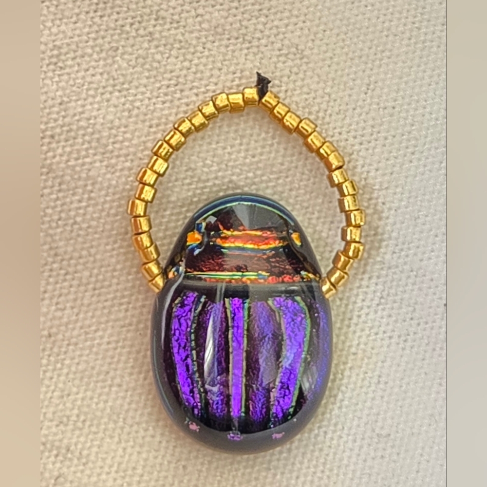 Bruce St. John Maher Purple Fused Glass Dichroic Scarab Pendant Gold Seed Beads